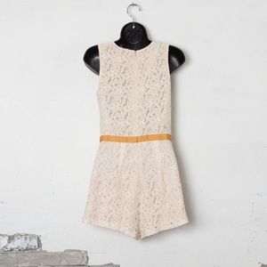 Cream Lace Peppermint Romper w Mustard Ribbon